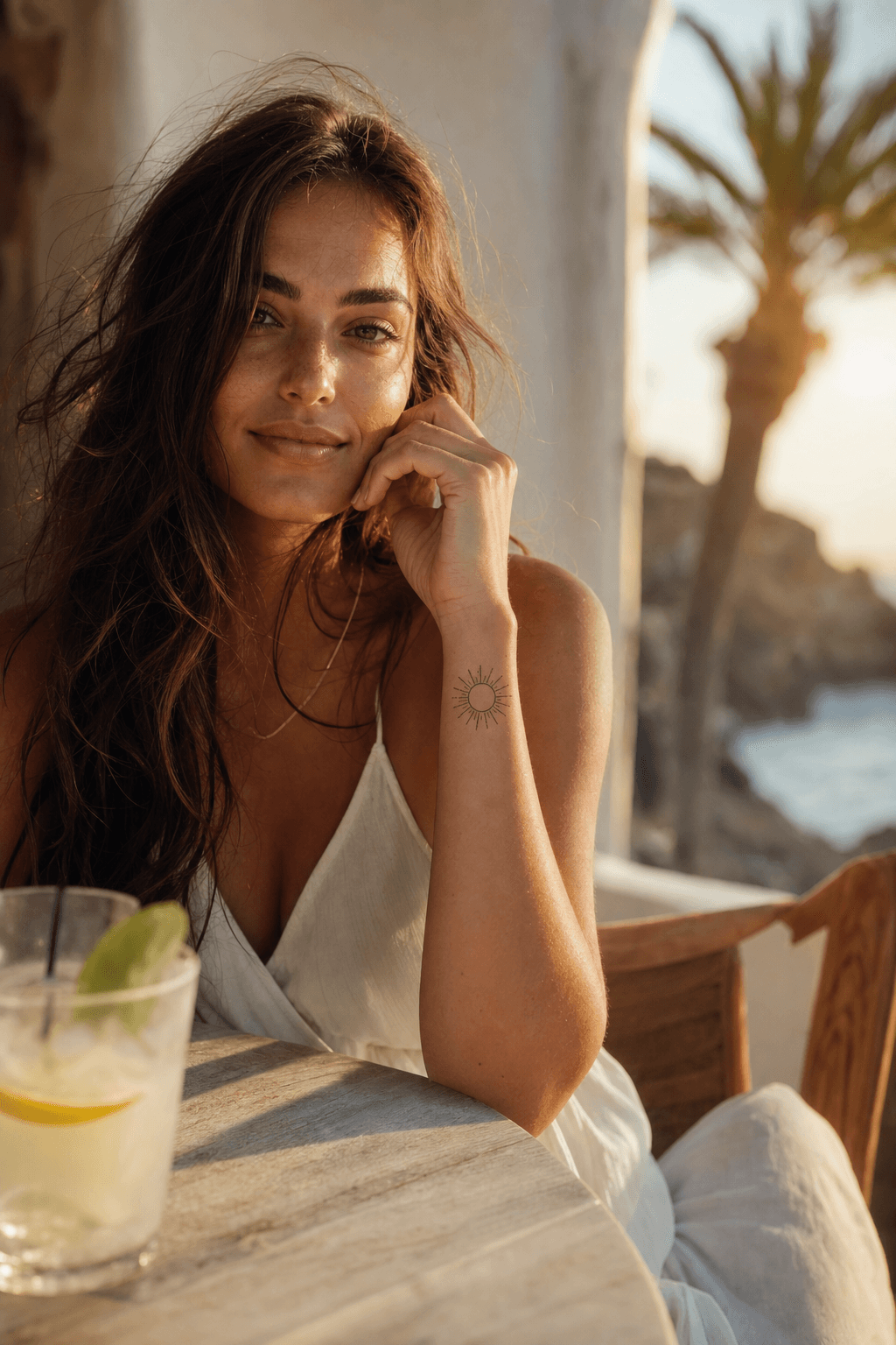Tatouage femme été : Soleil minimaliste fine line