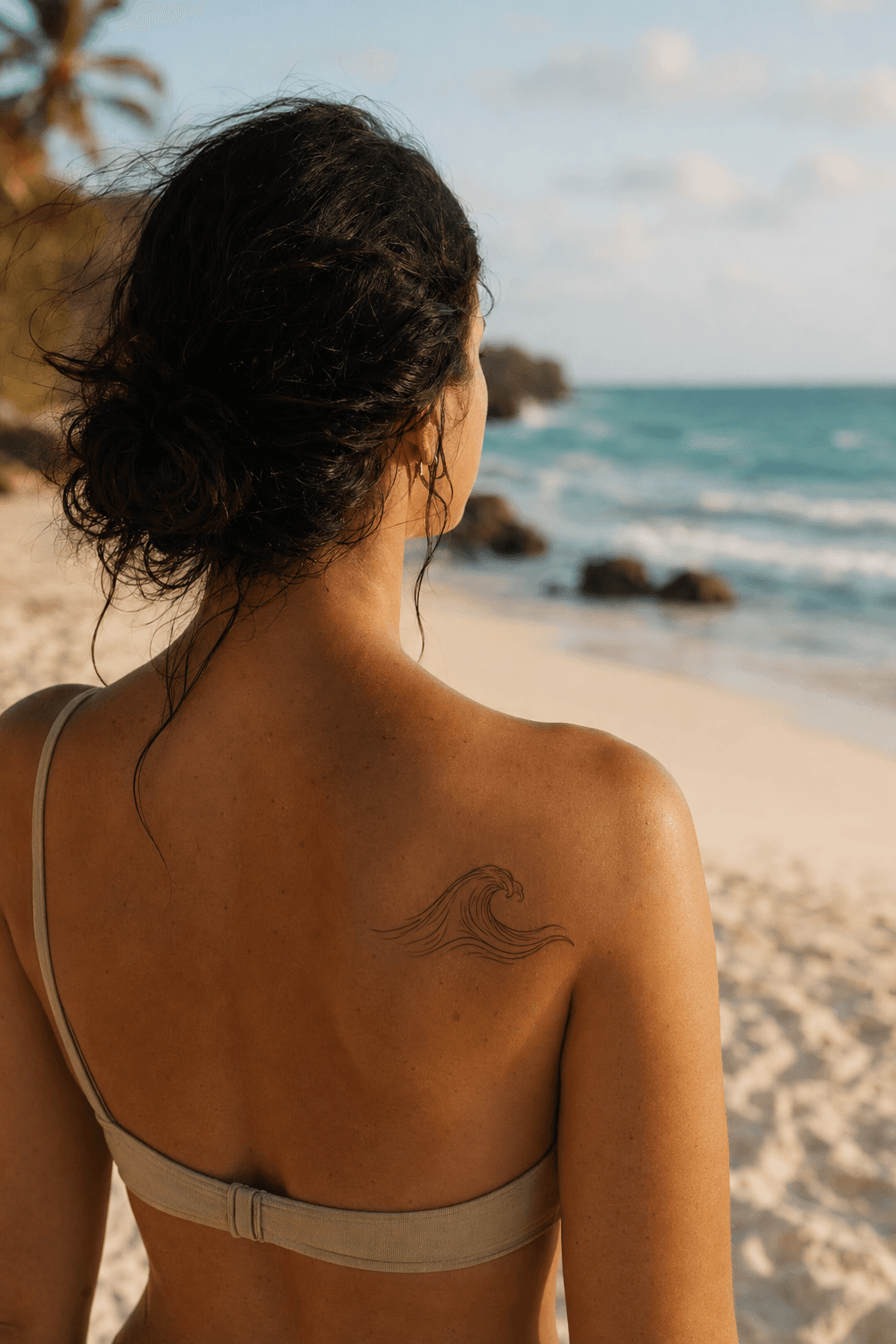 Tatouage femme été : Vague fine line omoplate