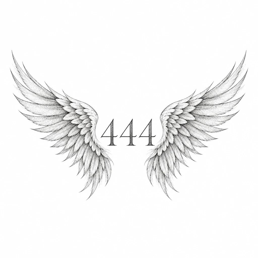Tatouage 444 encadré par deux ailes d'ange déployées, plumes dessinées en pointillés