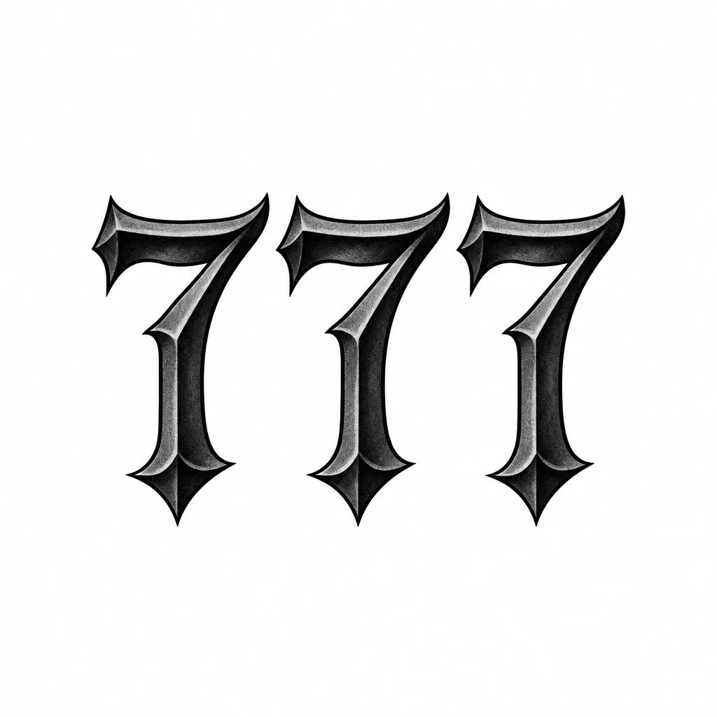 Tatouage 777 en chiffres gothiques, lettrage anguleux et appuyé