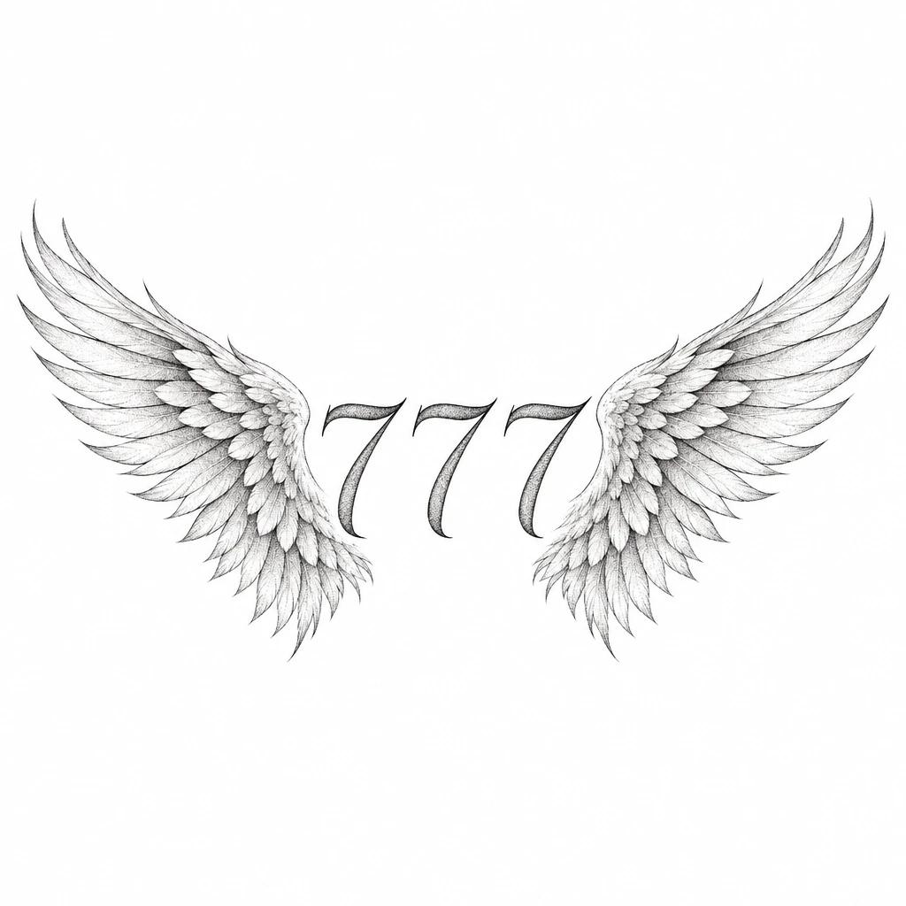 Tatouage 777 encadré par deux ailes d'ange déployées, plumes dessinées en pointillés