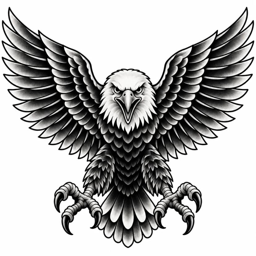 Tatouage d'aigle old school de face, ailes largement déployées et serres ouvertes