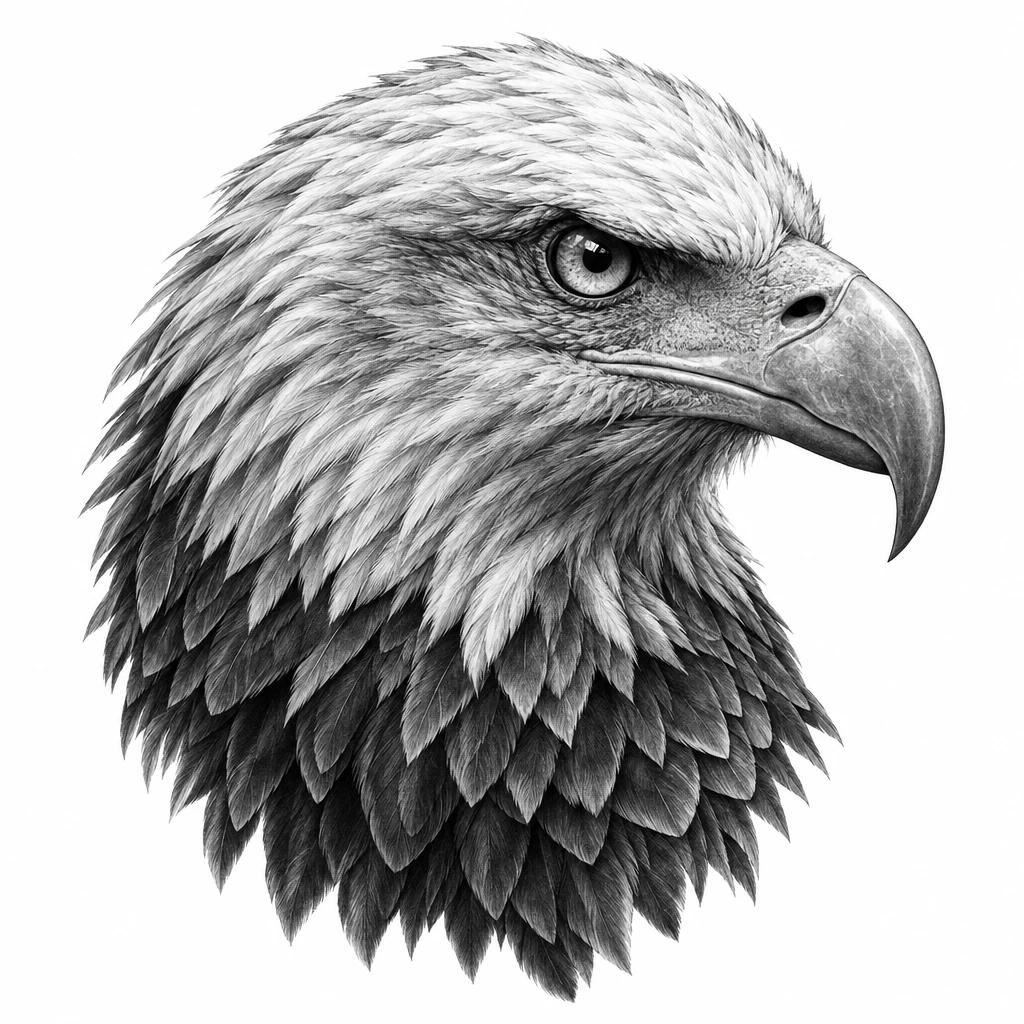 Tatouage de tête d'aigle en réalisme noir et gris, regard perçant et plumes détaillées