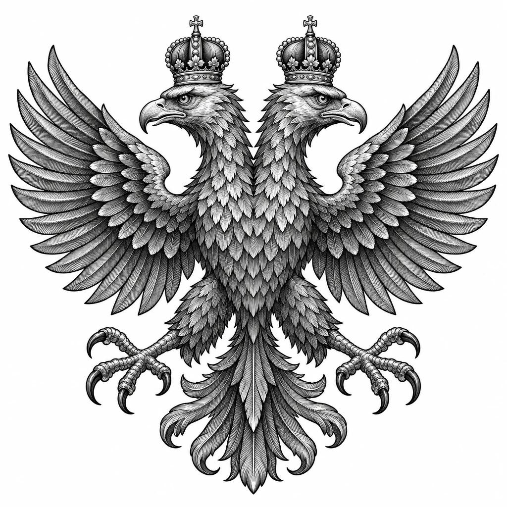Tatouage d'aigle bicéphale héraldique, deux têtes couronnées tournées en sens opposés