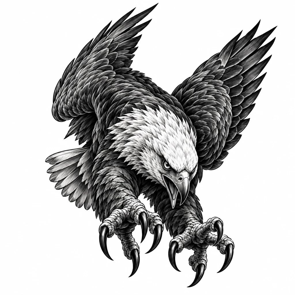 Tatouage d'aigle en piqué, ailes repliées vers l'arrière et serres tendues vers l'avant