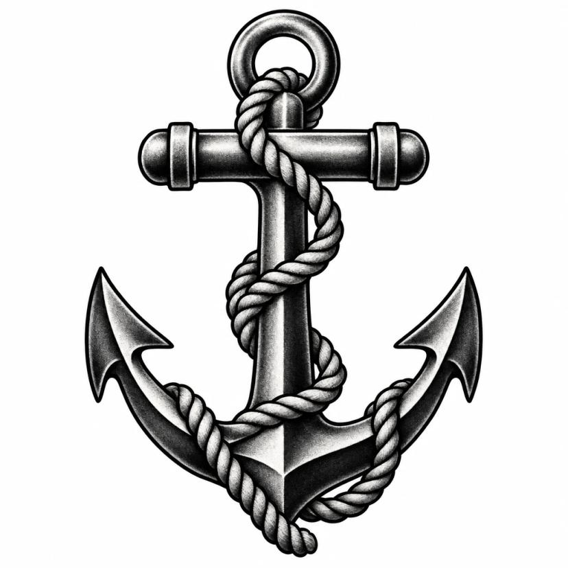 Tatouage d'ancre marine old school entourée d'un cordage enroulé, contours noirs épais