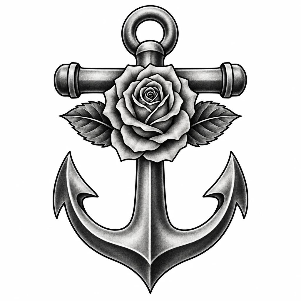 Tatouage d'ancre marine avec une rose épanouie en son centre et deux feuilles