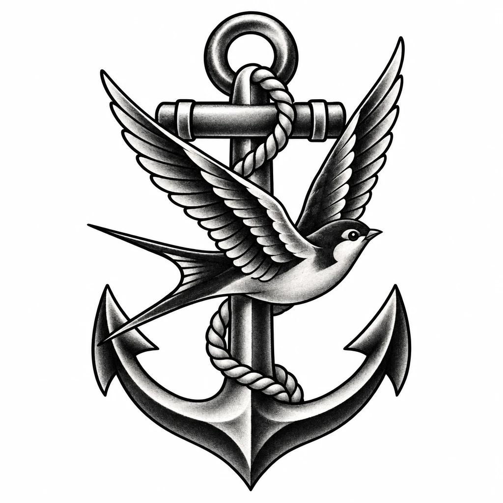 Tatouage d'ancre marine traversée par une hirondelle en vol, ailes déployées
