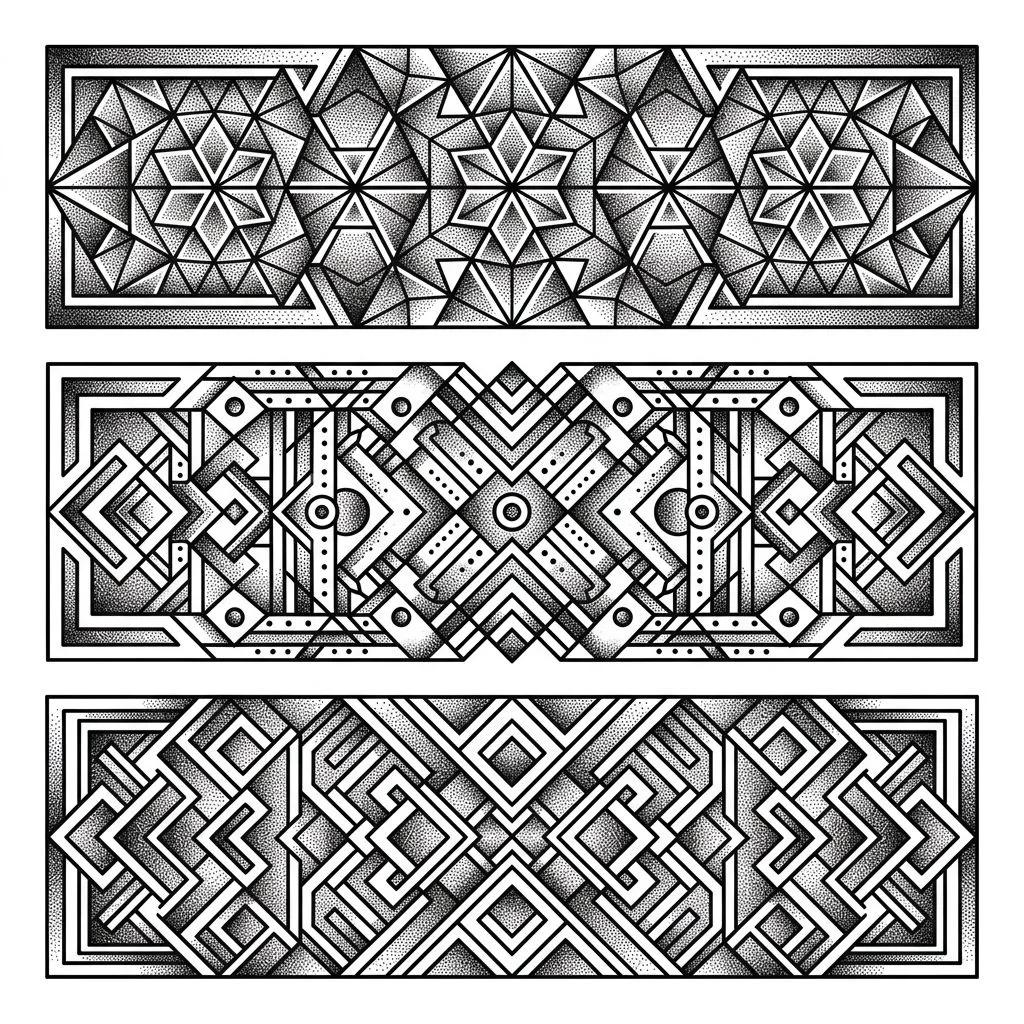 Trois bandes de tatouage géométrique avec des motifs complexes et un ombrage en dotwork noir.