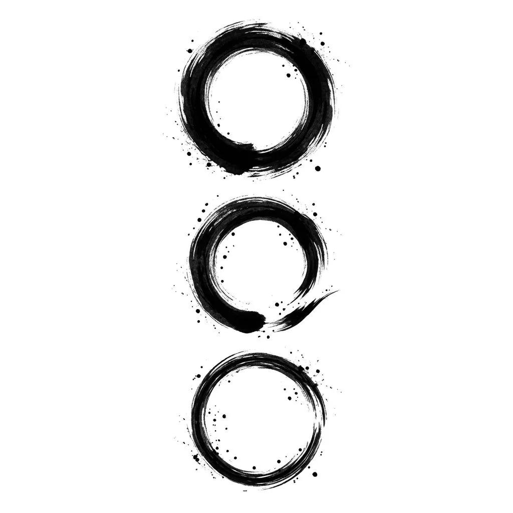 Dessin de tatouage de trois cercles style pinceau zen avec éclaboussures d'encre noire.