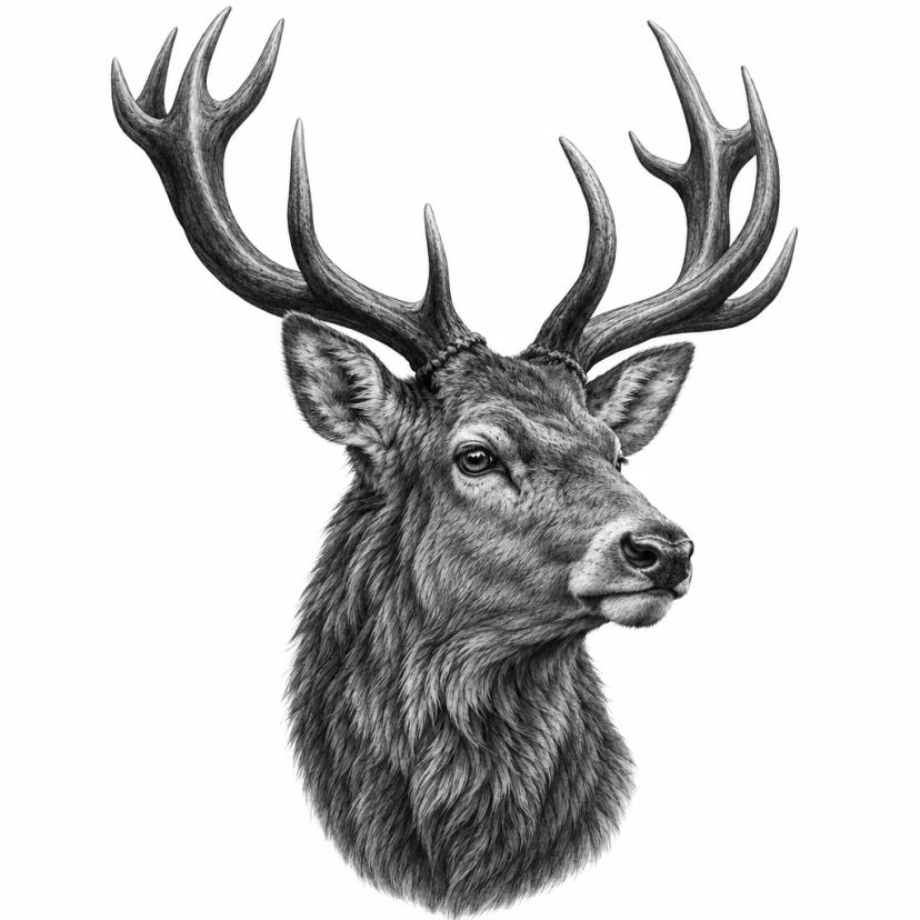 Tatouage de cerf réaliste, portrait de tête au pelage détaillé et grands bois ramifiés
