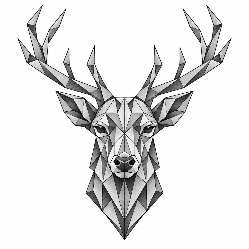 Tatouage de tête de cerf géométrique, construite en facettes et lignes droites