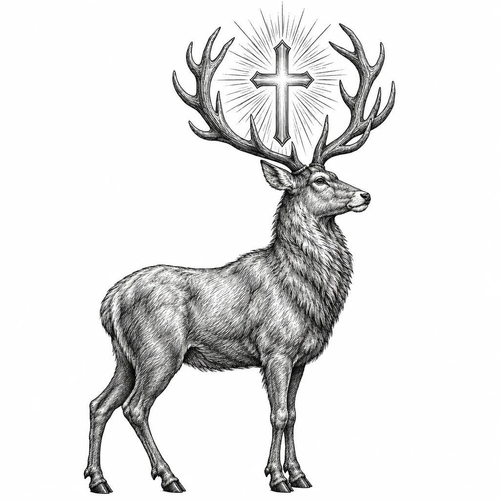 Tatouage de cerf de profil portant une croix rayonnante entre ses bois