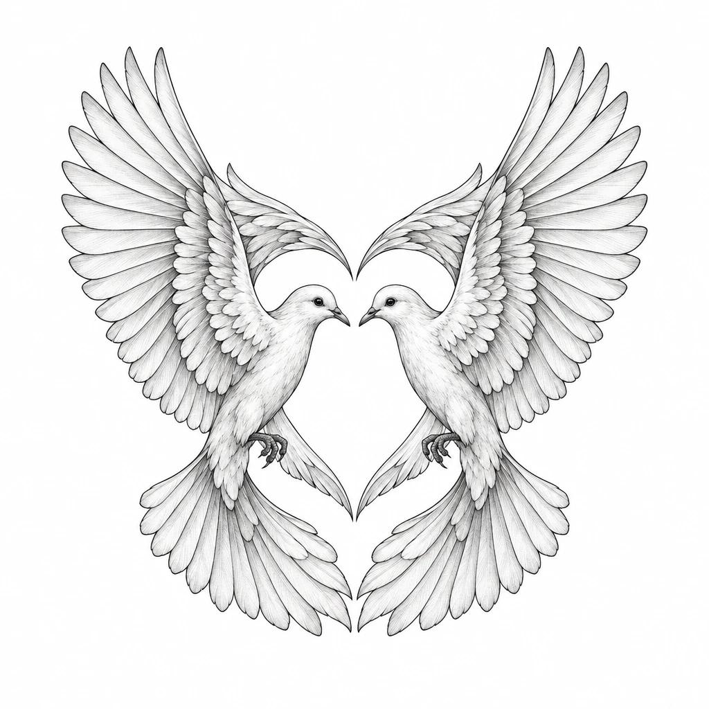 Tatouage de deux colombes face à face, leurs ailes dessinant un cœur en négatif