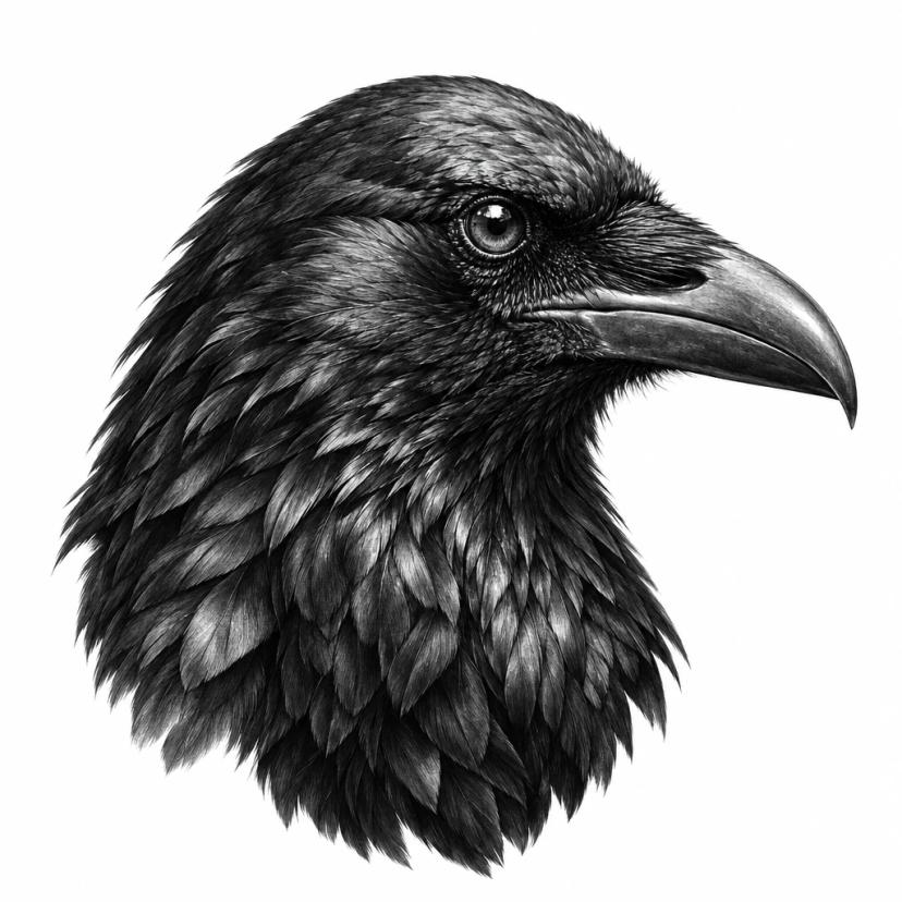Tatouage de tête de corbeau en réalisme noir et gris, plumes détaillées et œil vif