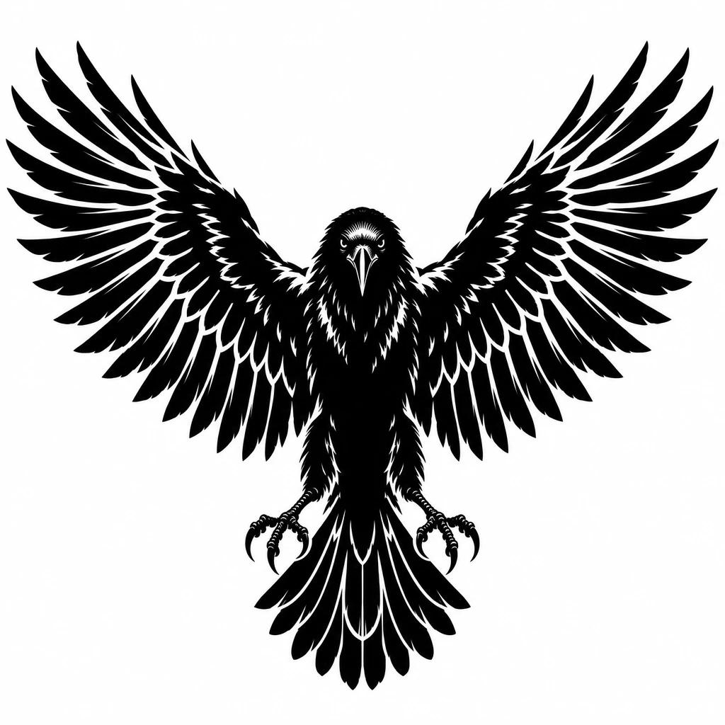 Tatouage de corbeau en blackwork, silhouette noire pleine aux ailes déployées