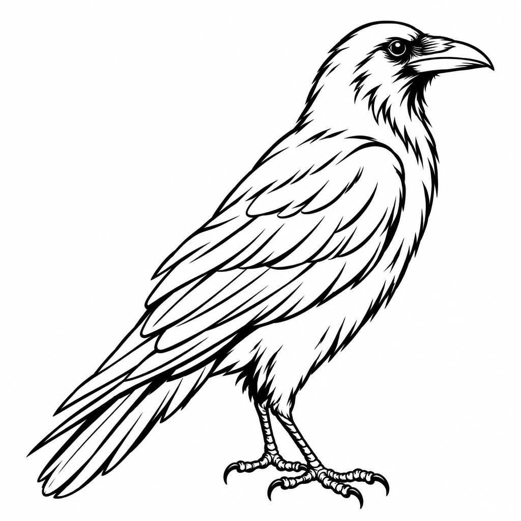 Tatouage de corbeau au trait fin, oiseau debout de profil, plumage dessiné en lignes légères