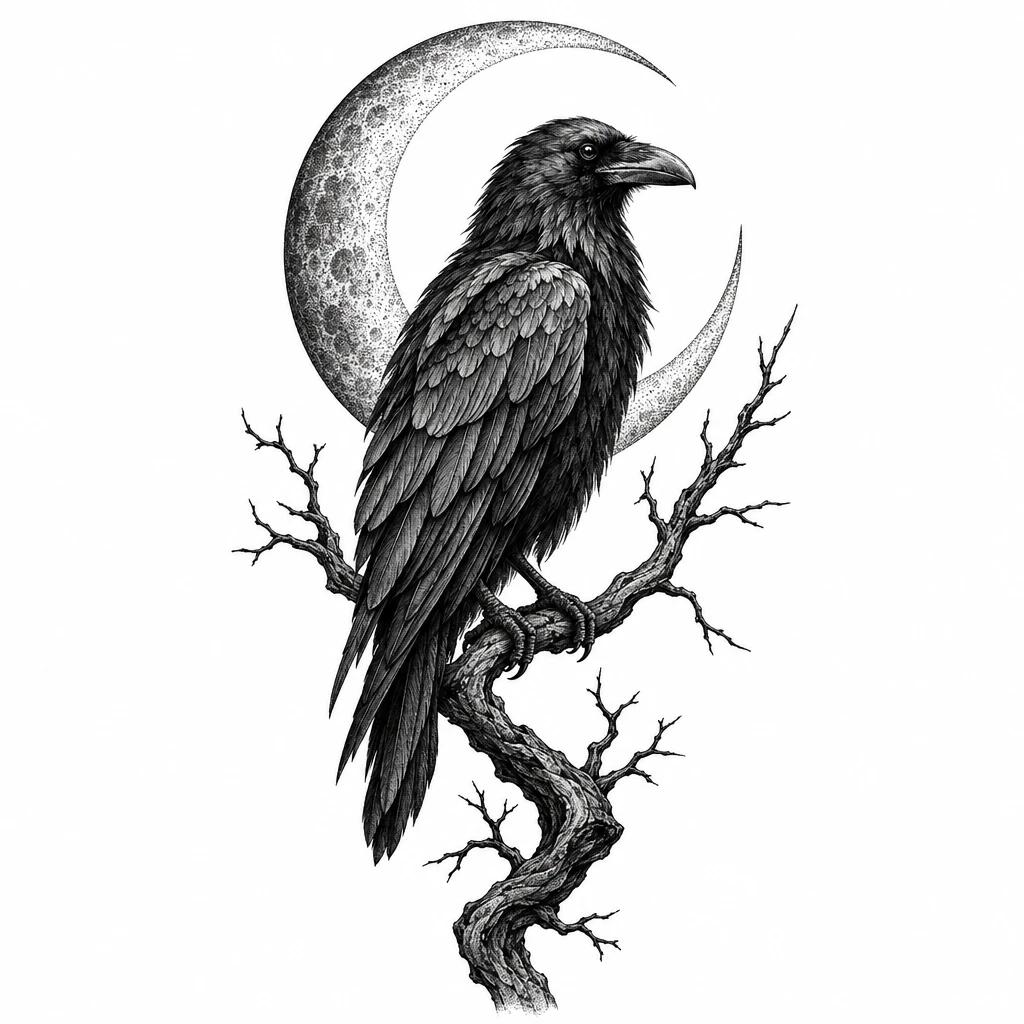 Tatouage de corbeau perché sur une branche nue devant un croissant de lune en pointillés