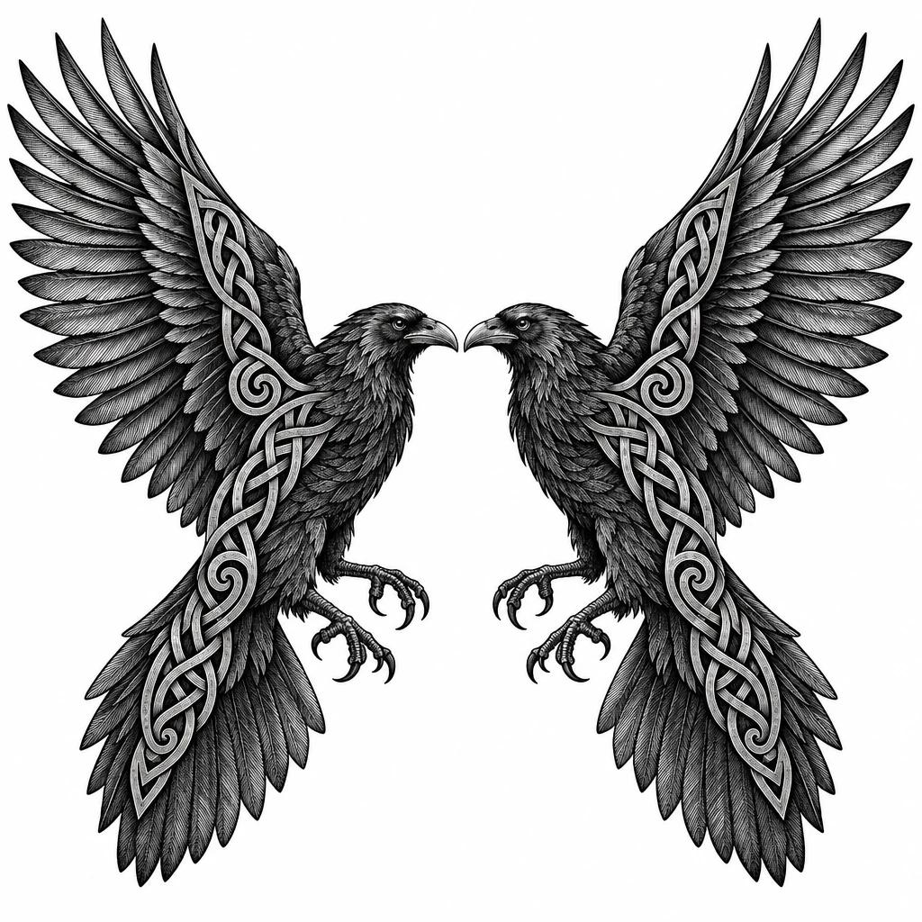 Tatouage de deux corbeaux en miroir, ailes déployées, ornés de motifs d'entrelacs nordiques