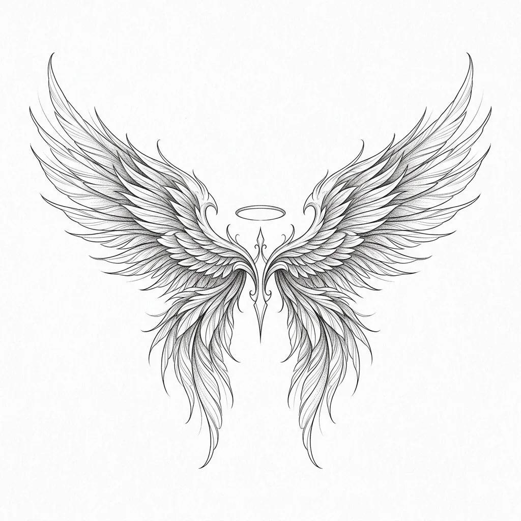 Dessin de tatouage d'ailes d'ange symétriques en trait fin avec une auréole sur fond blanc.