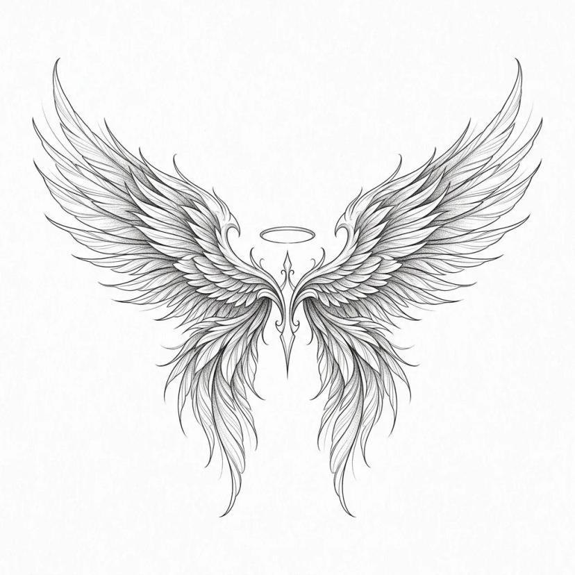 Dessin de tatouage d'ailes d'ange symétriques en trait fin avec une auréole sur fond blanc.