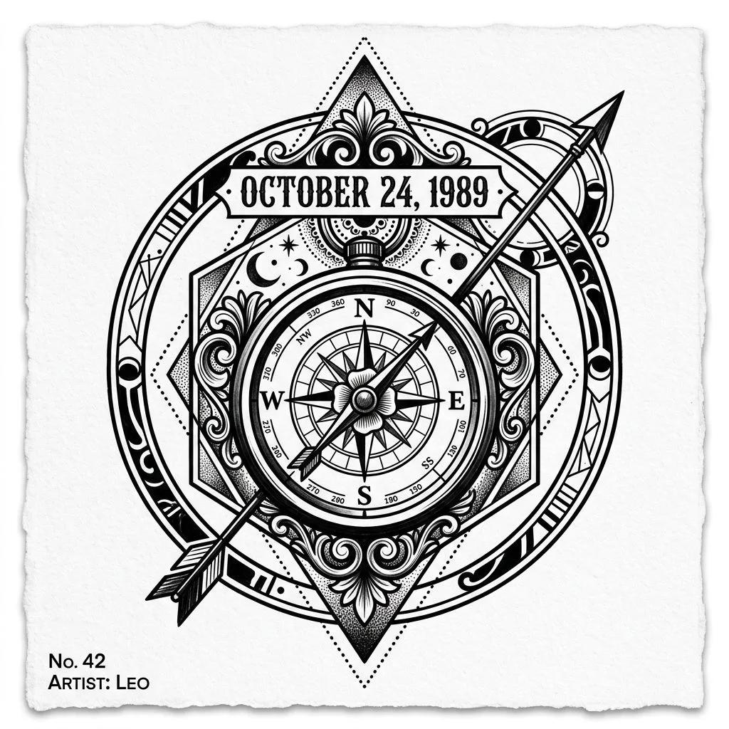 Tatouage boussole vintage avec la date 24 octobre 1989, style blackwork et motifs géométriques sur fond blanc.