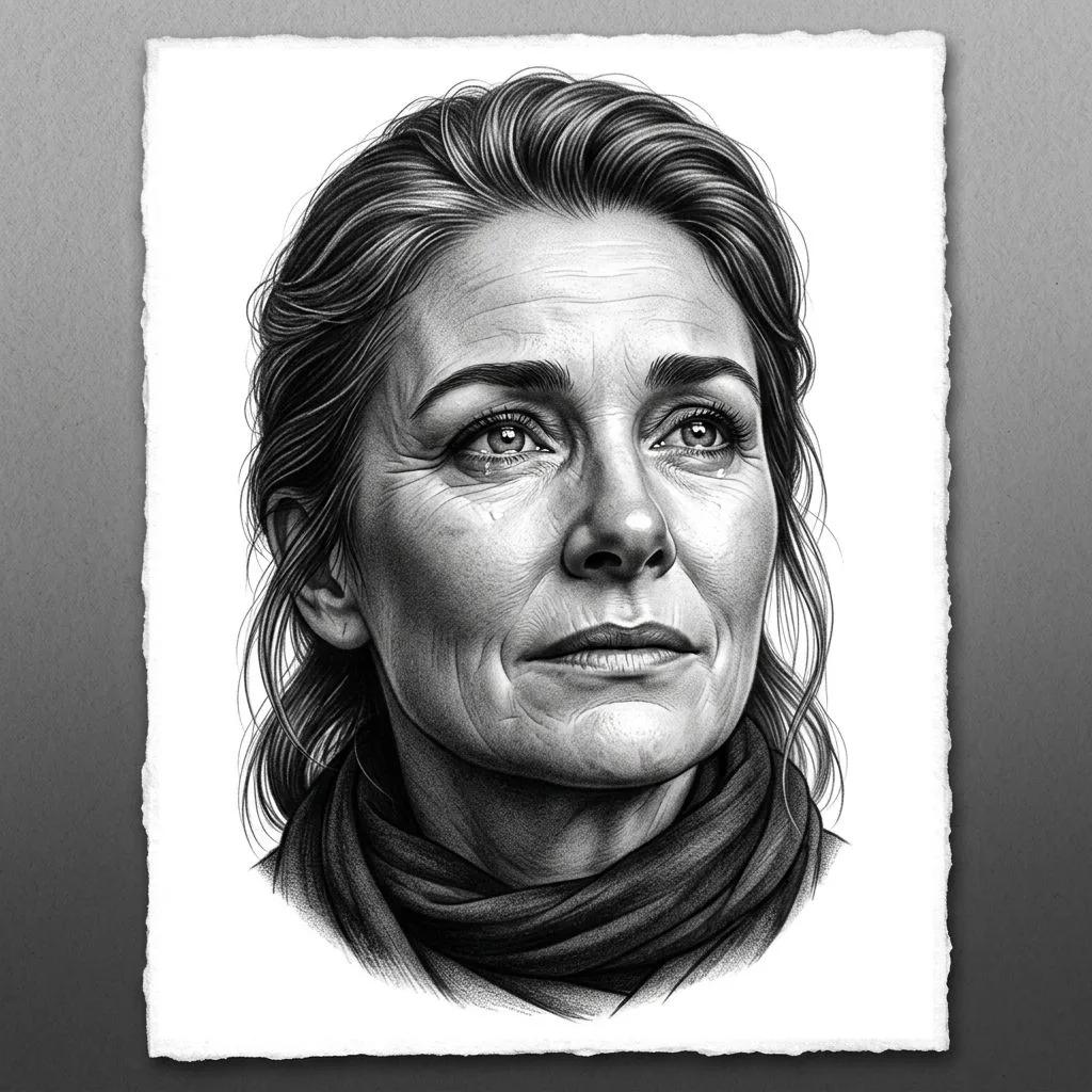 Dessin de tatouage réaliste d'un portrait de femme en noir et gris avec des détails fins sur papier blanc.