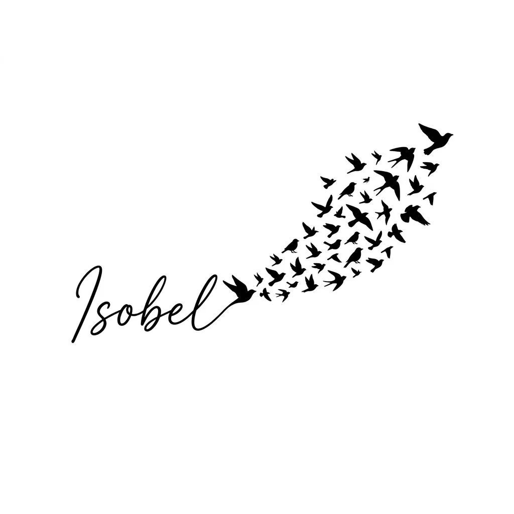 Dessin de tatouage minimaliste d'une envolée d'oiseaux partant du prénom Isobel écrit à la main.