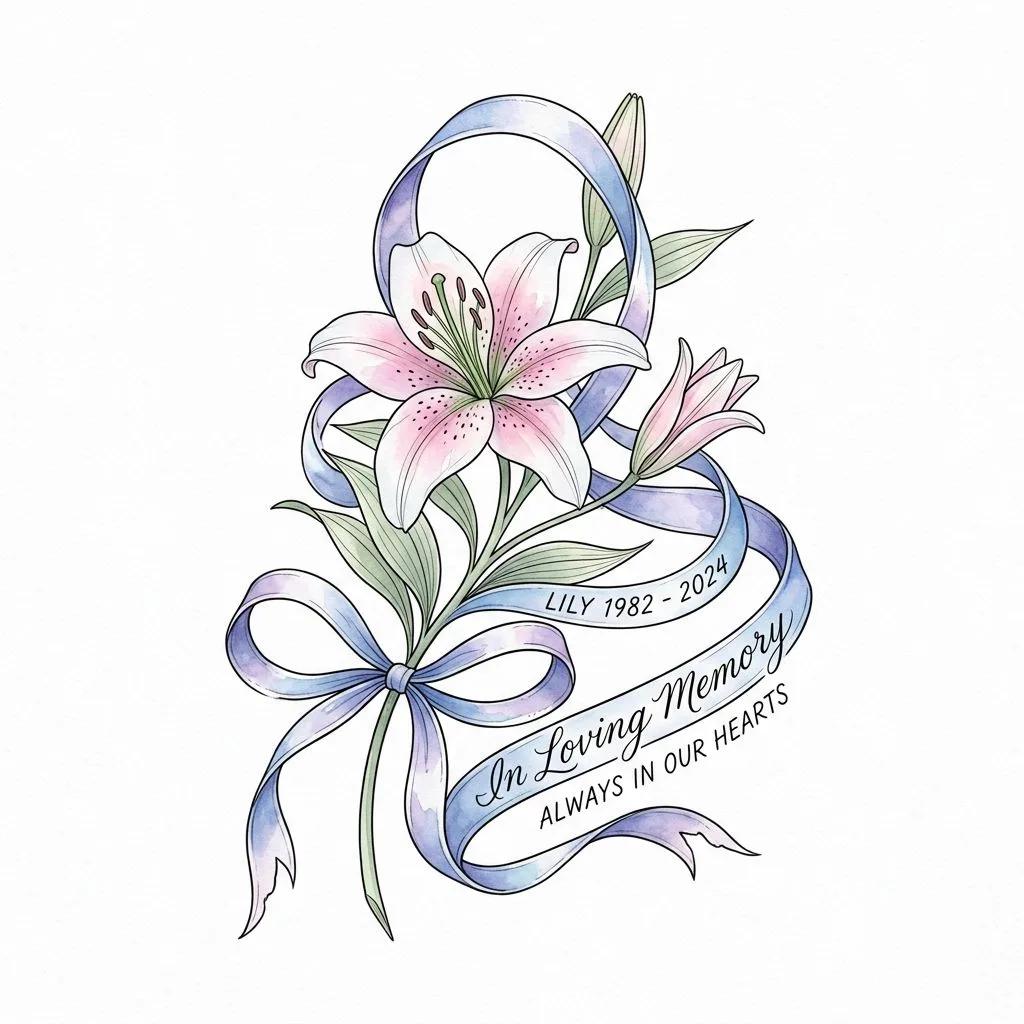 Dessin de tatouage d'un lys rose avec un ruban bleu commémoratif et des touches d'aquarelle sur fond blanc.