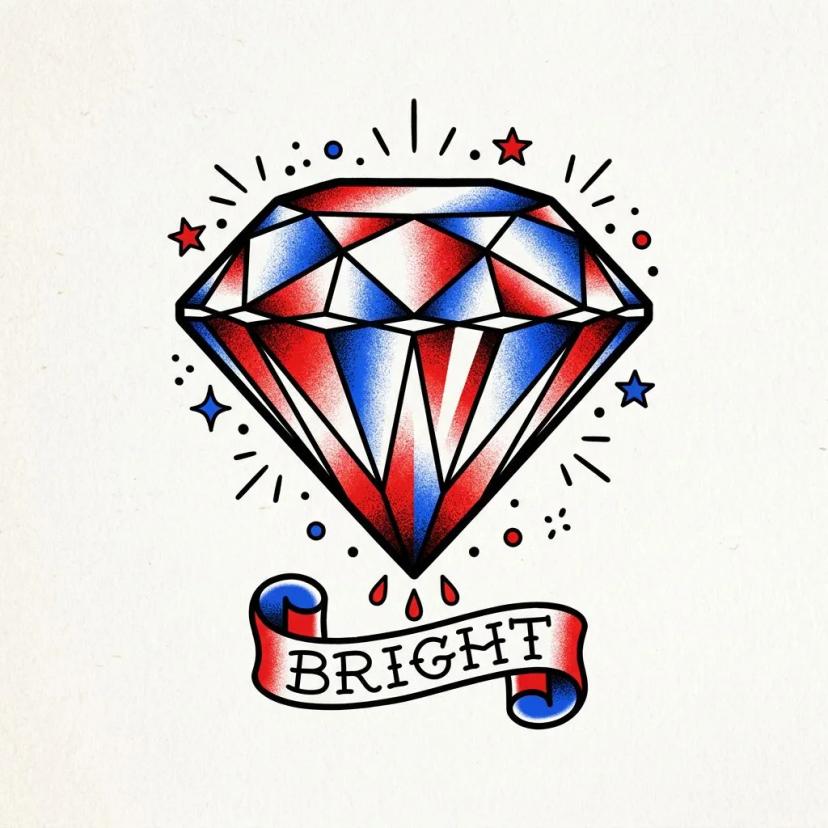 Dessin de tatouage traditionnel d'un diamant rouge et bleu avec une bannière 'Bright' et des étoiles.