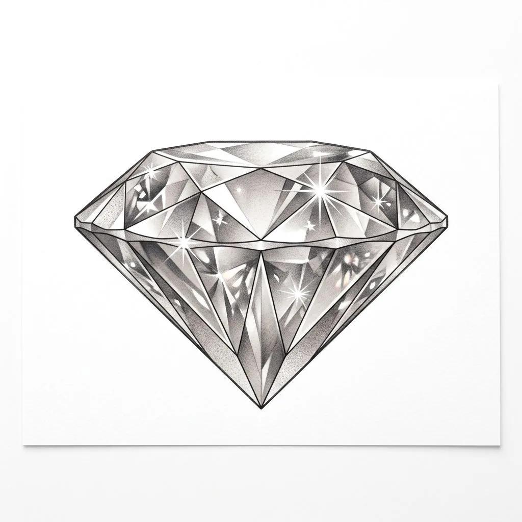Dessin de tatouage d'un diamant réaliste en 3D avec éclats lumineux et ombrages gris sur fond blanc.