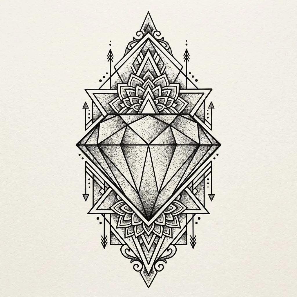 Dessin de tatouage d'un diamant géométrique avec mandala et flèches en style dotwork sur fond blanc.