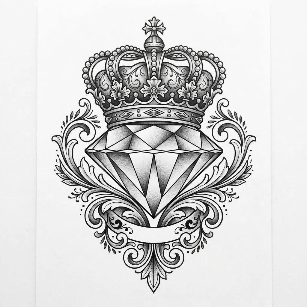 Dessin de tatouage d'un diamant avec une couronne royale et des arabesques en noir et gris.