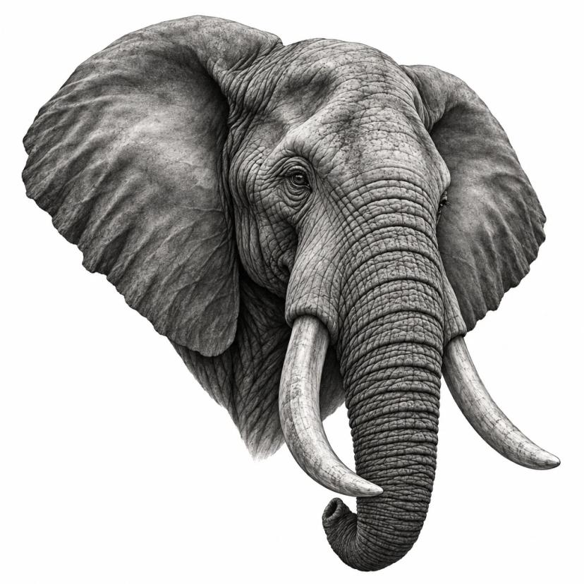 Tatouage de tête d'éléphant d'Afrique en réalisme noir et gris, peau ridée et défenses