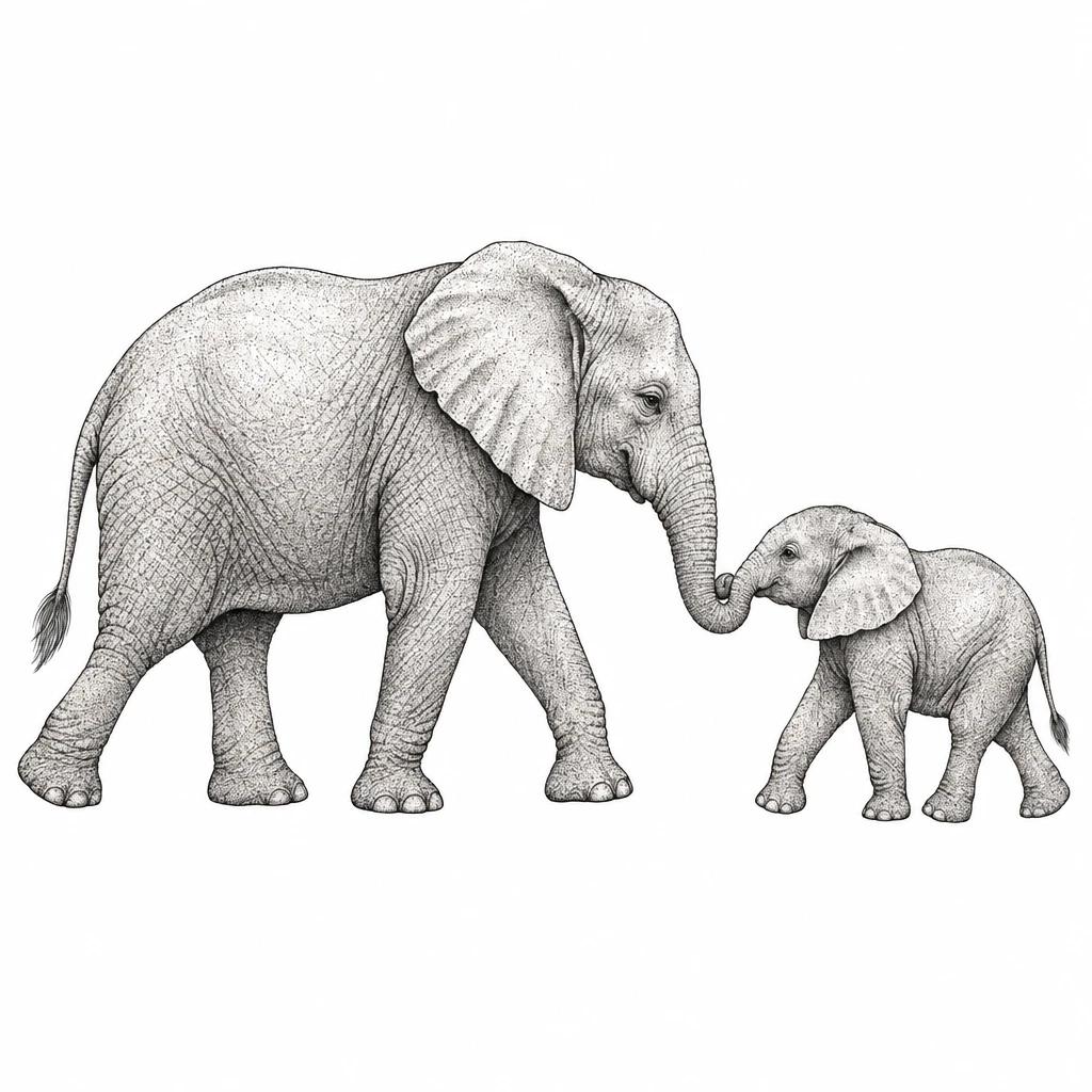 Tatouage d'une éléphante et de son petit marchant côte à côte, trompes qui se touchent