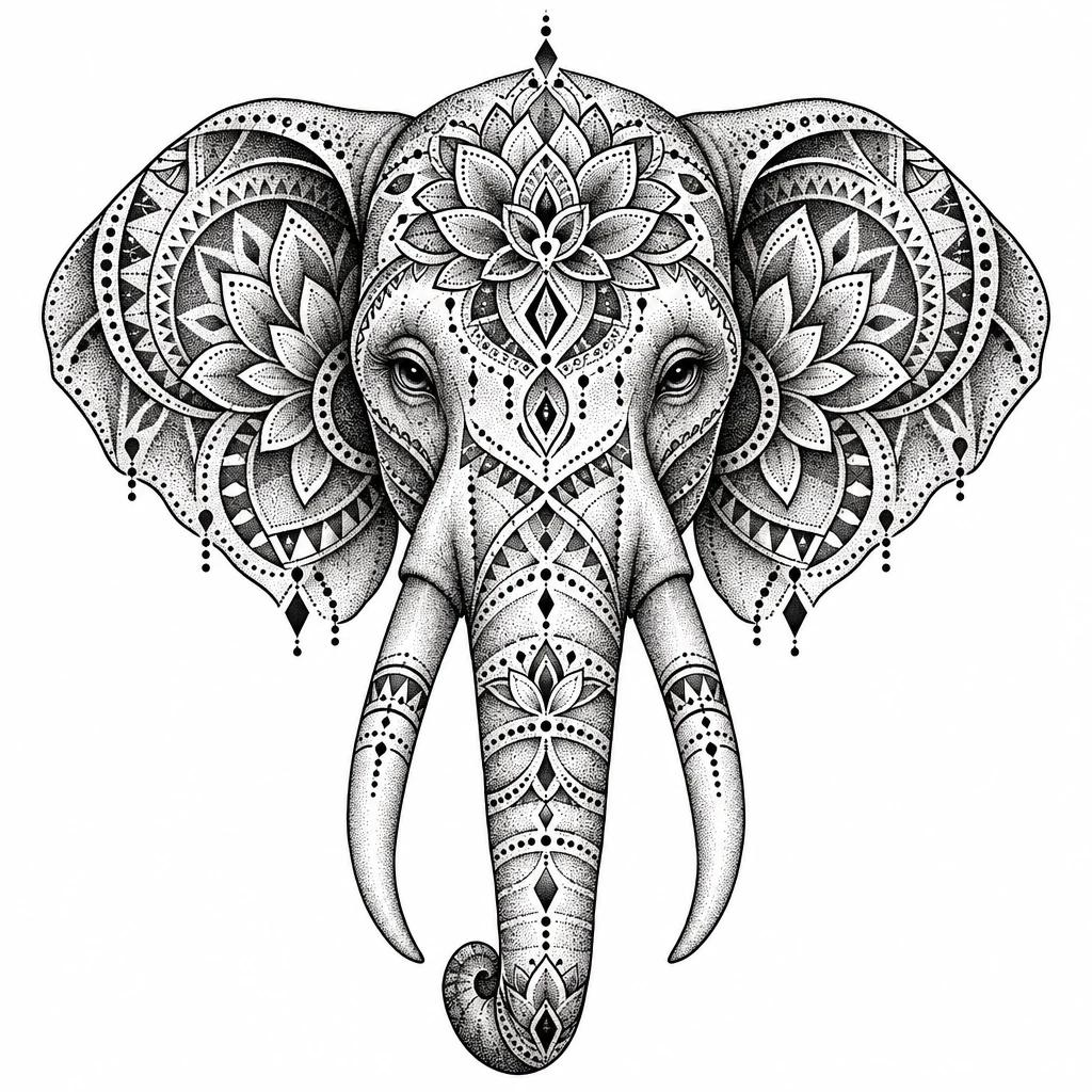 Tatouage de tête d'éléphant ornementale, motifs de mandala symétriques en pointillés