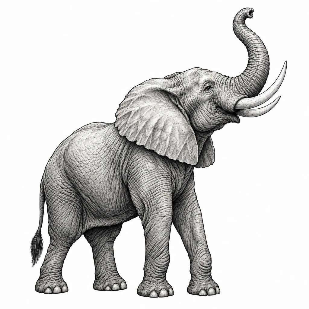 Tatouage d'éléphant de profil, trompe levée vers le haut, défenses visibles