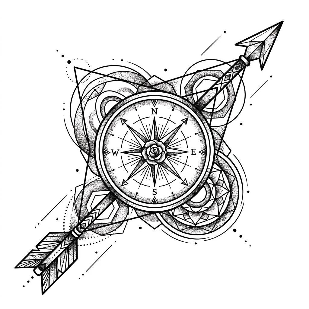 Dessin de tatouage d'une boussole géométrique avec une flèche, style dotwork noir et blanc.