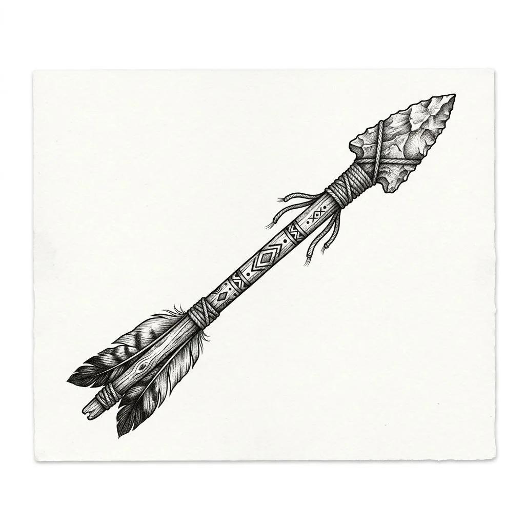 Dessin de tatouage d'une flèche amérindienne avec pointe en pierre, plumes et motifs géométriques, noir et gris.