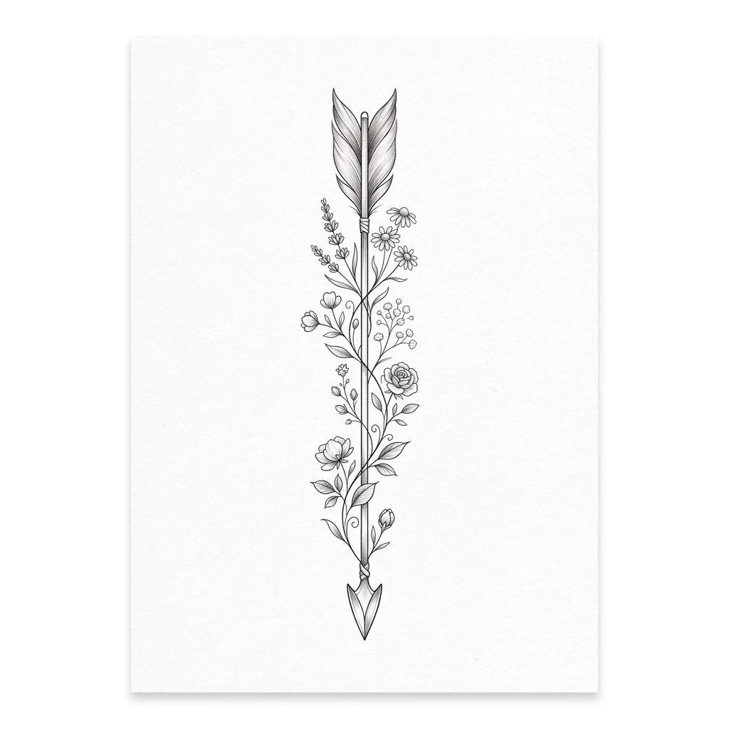Dessin de tatouage d'une flèche élégante ornée de fleurs sauvages délicates, style minimaliste.