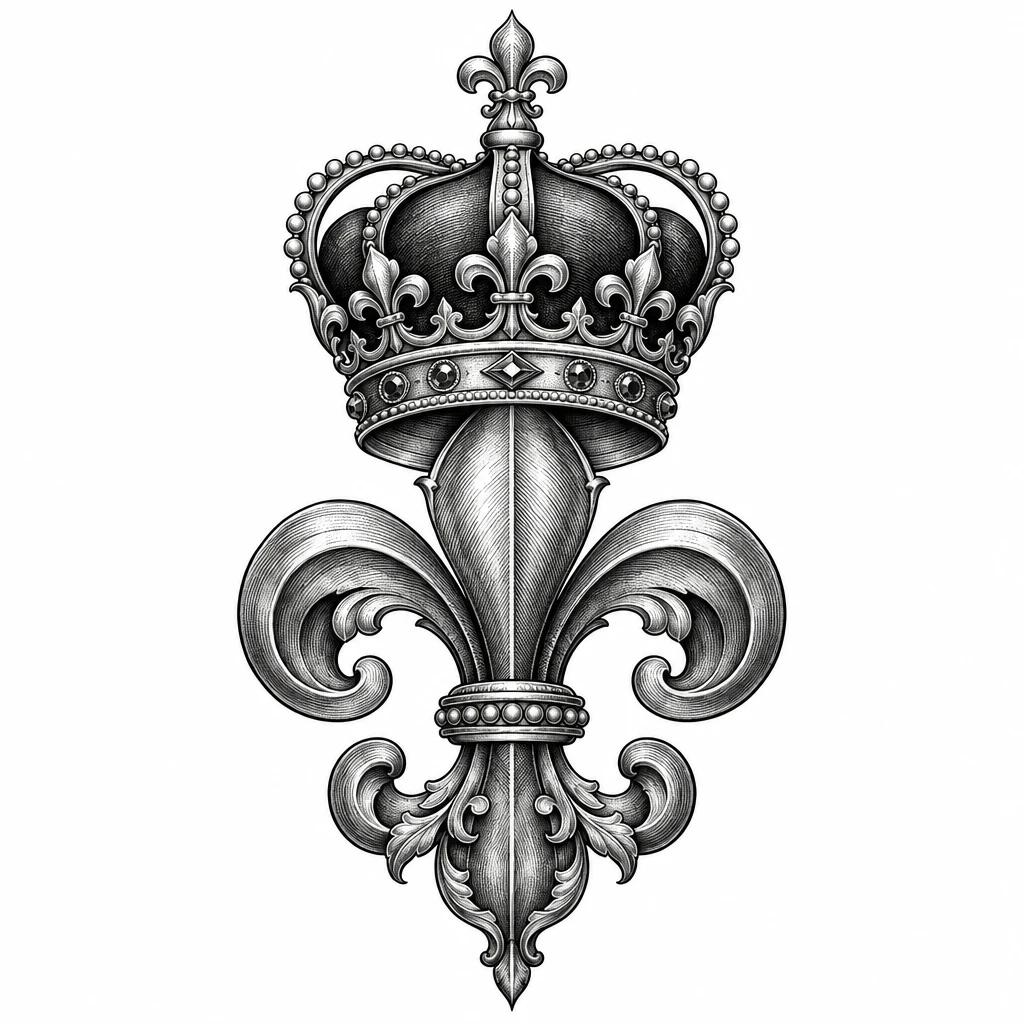 Tatouage de fleur de lys surmontée d'une couronne royale ornementée