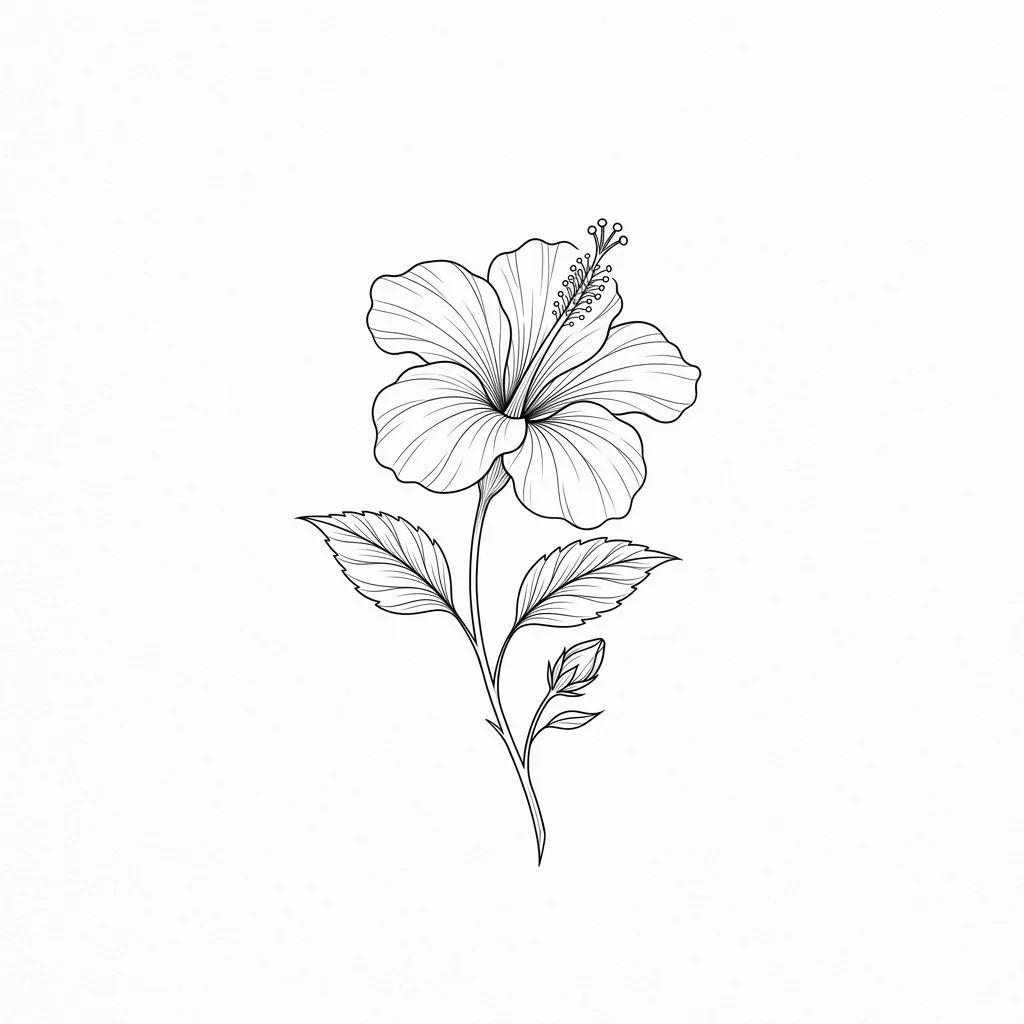 Dessin de tatouage d'une fleur d'hibiscus en traits fins et minimalistes sur fond blanc.