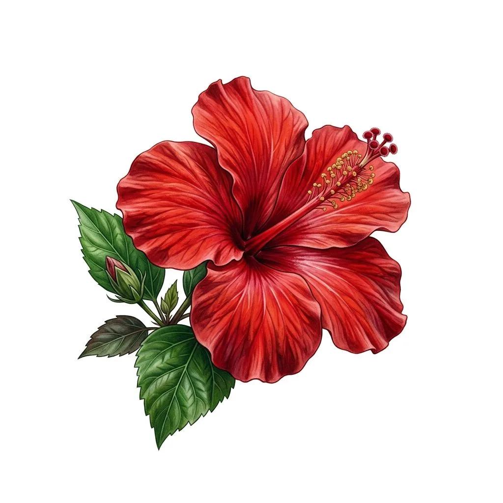 Modèle de tatouage réaliste d'un hibiscus rouge avec feuilles sur fond blanc.