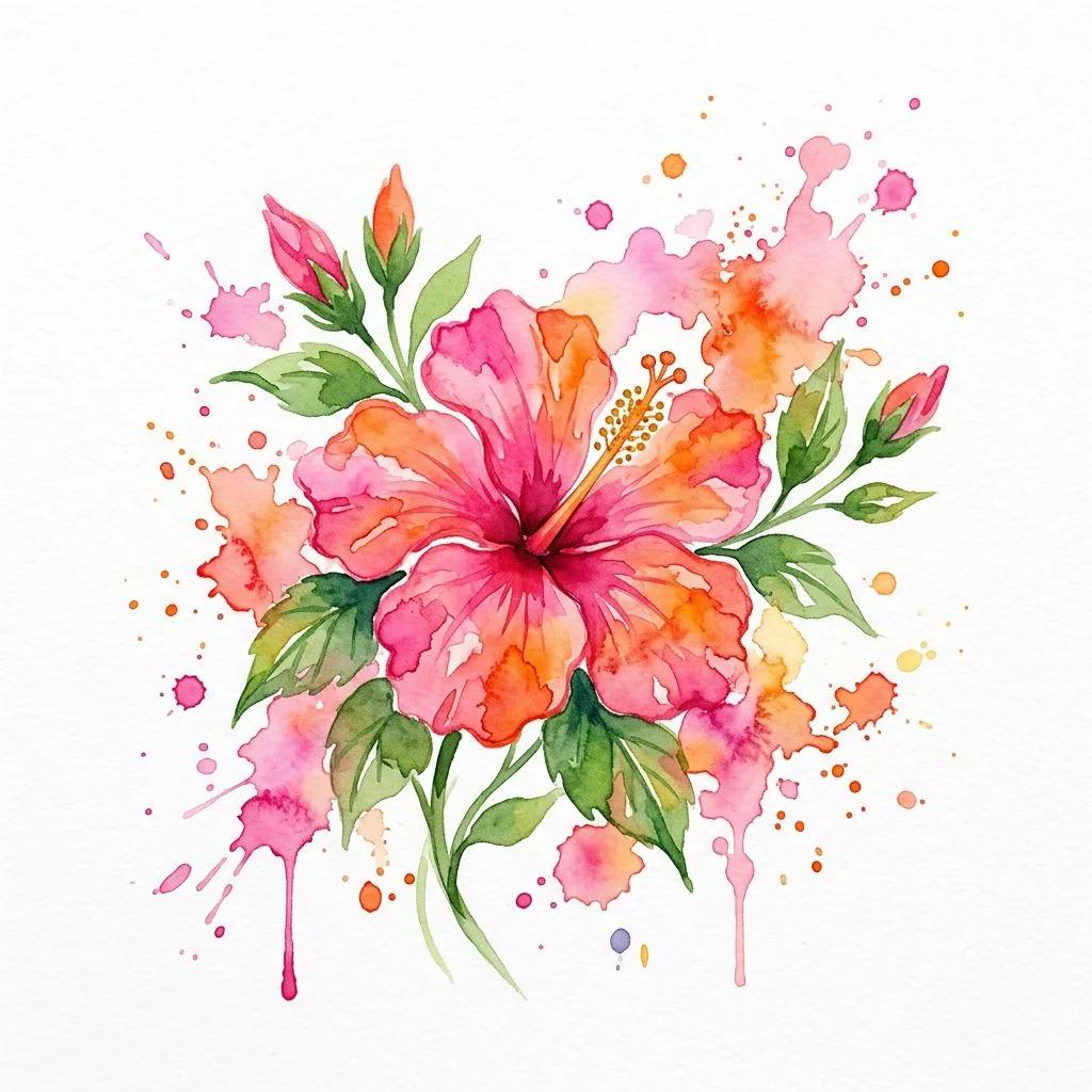 Dessin de tatouage d'hibiscus en aquarelle rose et orange avec des éclaboussures sur fond blanc.