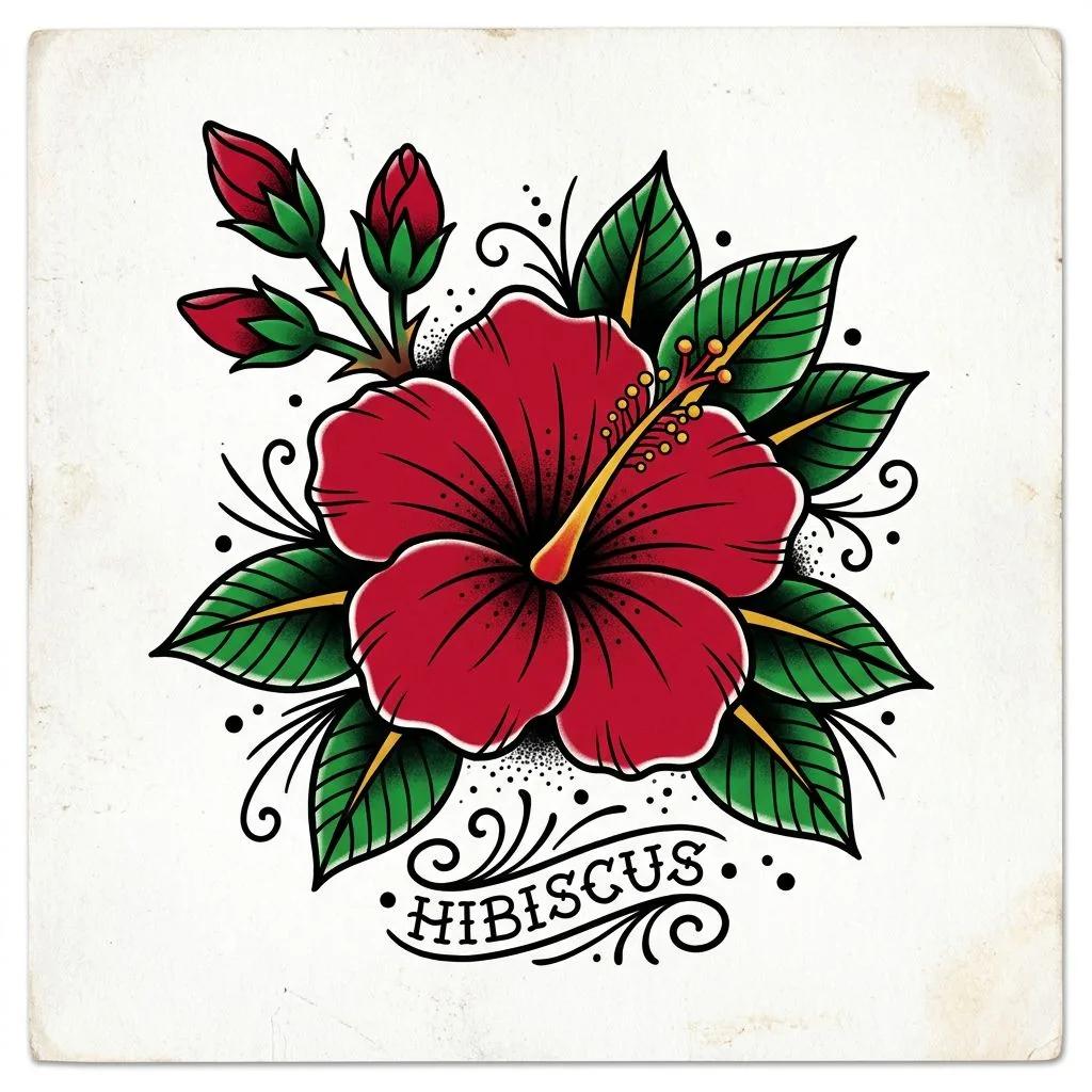 Dessin de tatouage old-school d'un hibiscus rouge avec des feuilles vertes sur fond clair.