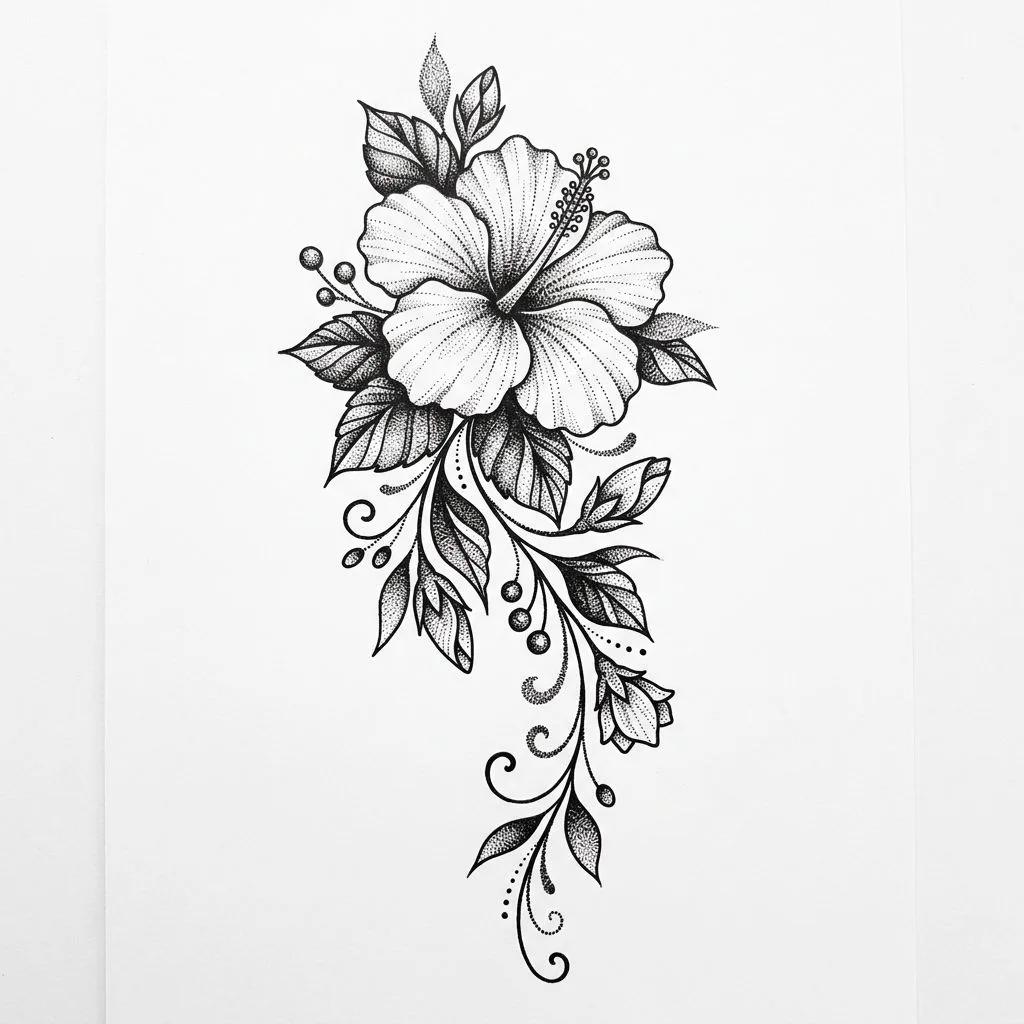Dessin de tatouage d'hibiscus en dotwork avec des feuilles et des volutes sur fond blanc.