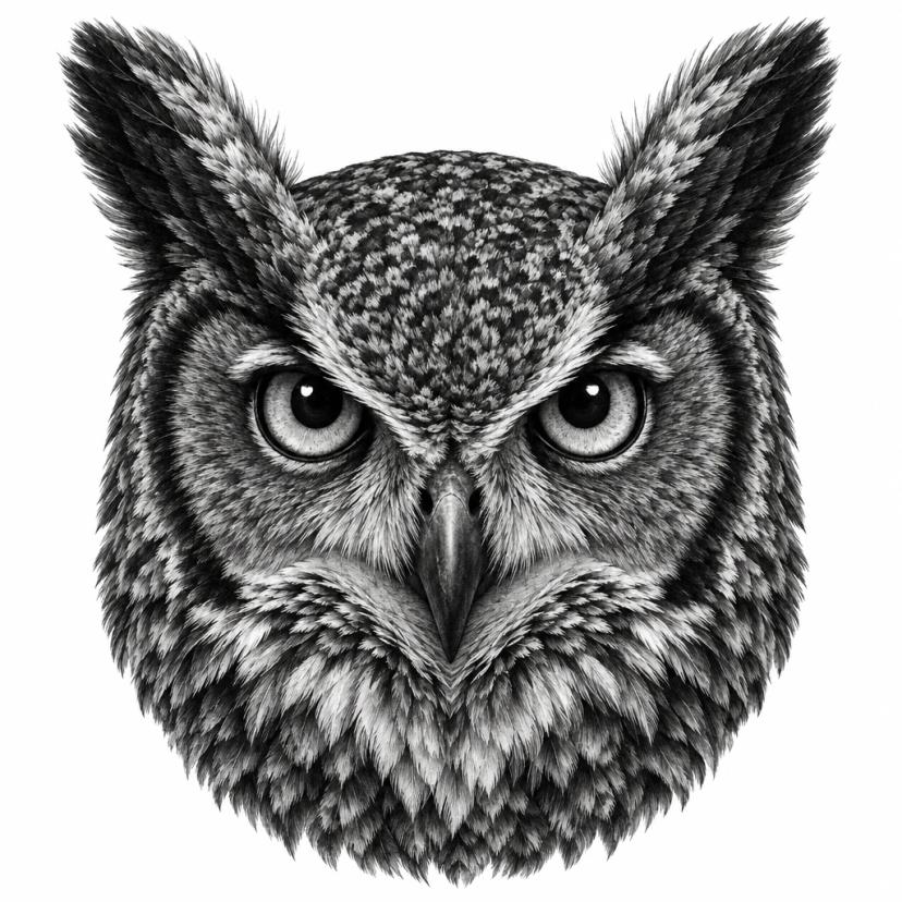 Tatouage de tête de hibou de face en réalisme noir et gris, grands yeux et aigrettes