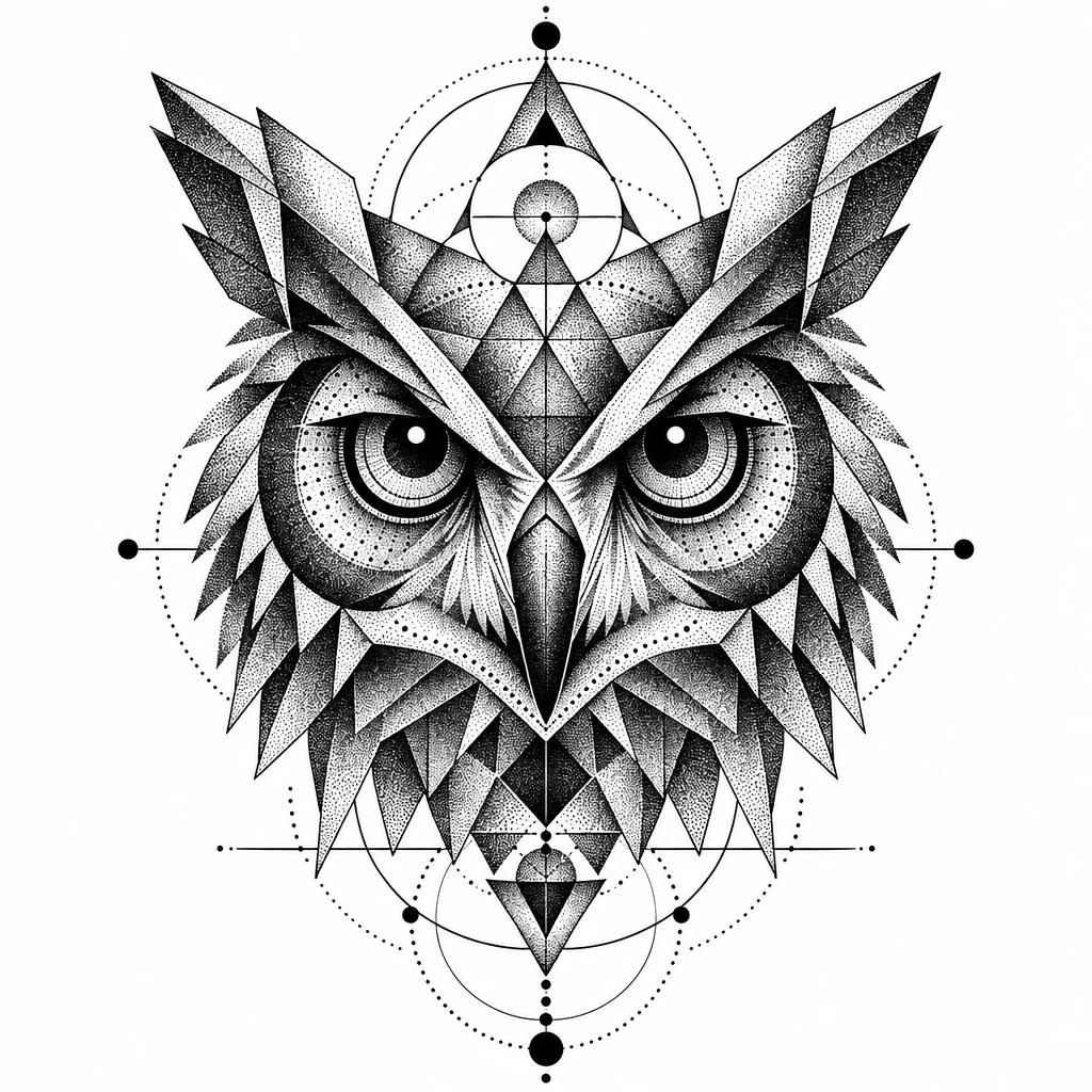 Tatouage de tête de hibou géométrique, triangles et cercles en pointillés symétriques