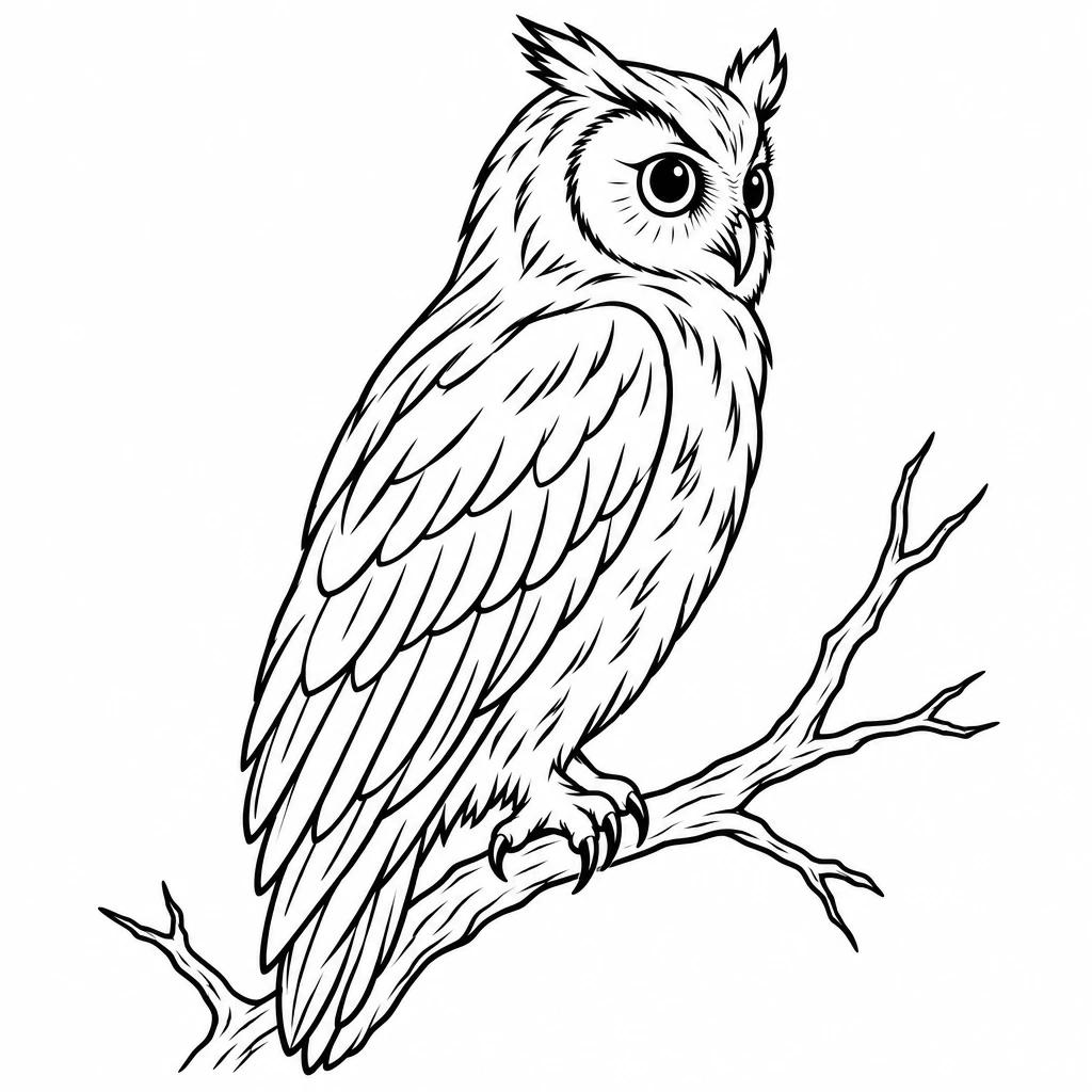 Tatouage de hibou au trait fin perché sur une fine branche nue, vu de côté
