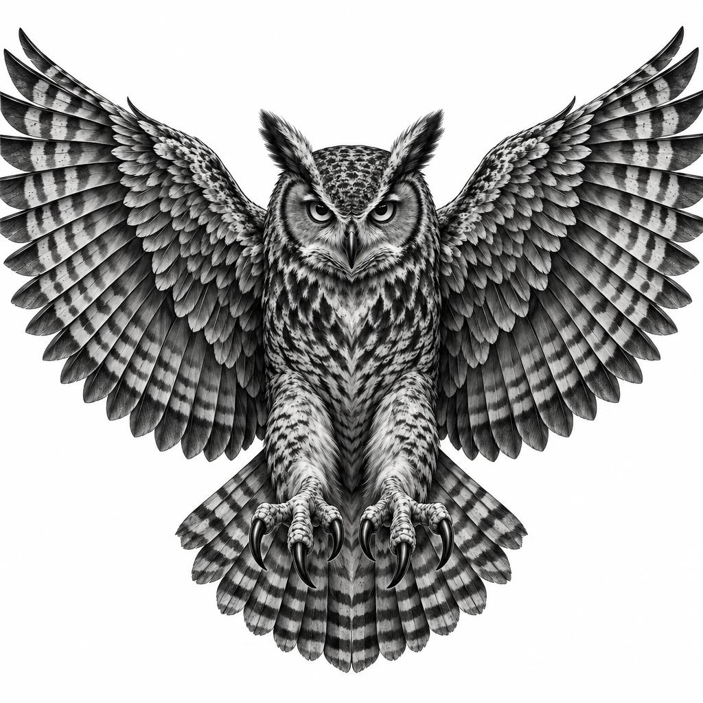 Tatouage de hibou de face, ailes largement déployées et serres tendues